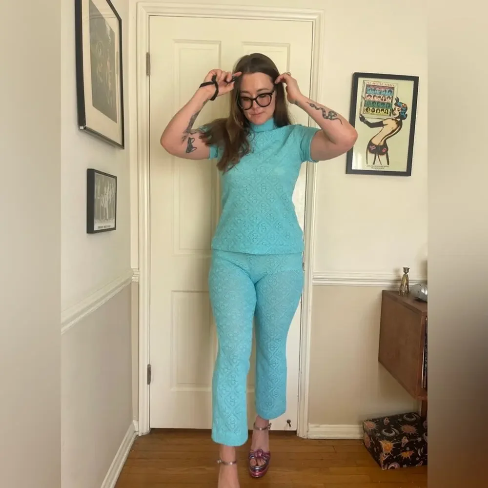 70s Vintage Jantzen Blue Knit Pantsuit - Picture 1 of 15